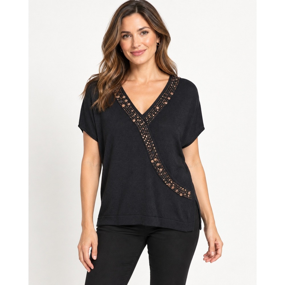 Jones New York Collection Black Beaded Knit Top Short Sleeve